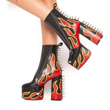 DETOGNI Women's Elastic band High Heels Rivets Ankle Boots Ladies Flames Totem Metal Zipper Thick Heels Punk Booties（Black US11）