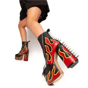 DETOGNI Women's Elastic band High Heels Rivets Ankle Boots Ladies Flames Totem Metal Zipper Thick Heels Punk Booties（Black US11）