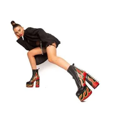 DETOGNI Women's Elastic band High Heels Rivets Ankle Boots Ladies Flames Totem Metal Zipper Thick Heels Punk Booties（Black US11）