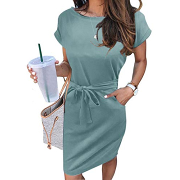 MEROKEETY Women's Summer Striped Short Sleeve T Shirt Dress Casual Tie Waist Midi Dress - Small