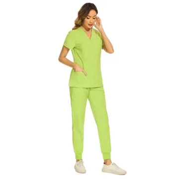 COZYFIT Scrubs for Women Set - Stretch V-Neck Scrub Top & Jogger Pant with 8 Pockets, Yoga Waistband, Anti Wrinkle, Slim Fit Women Scrubs - Apple Green, XS, Tall