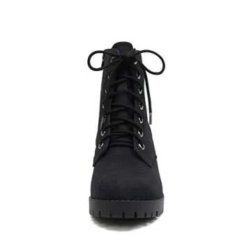 Soda Single Lug Sole Chunky Heel Combat Ankle Boot Lace up w/Side Zipper (10, Black (Nubuck))
