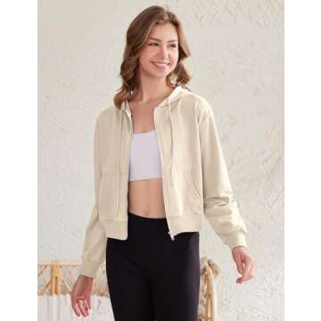 Yimoon Zip Up Hoodie Women Cropped Casual Sweatshirts Workout Long Sleeve Drawstring Hooded Jacket C...