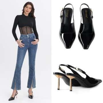 iiimmu Black Stiletto Heels Closed Toe 3.5 in High Heels Pumps Square Toe Slingback Heels for Women Evening Dress Shoes, Size 8
