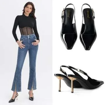iiimmu Black Stiletto Heels Closed Toe 3.5 in High Heels Pumps Square Toe Slingback Heels for Women Evening Dress Shoes, Size 8