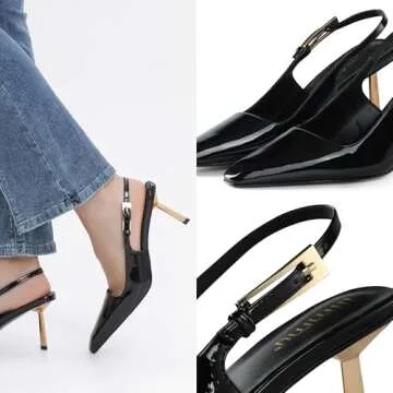 iiimmu Black Stiletto Heels Closed Toe 3.5 in High Heels Pumps Square Toe Slingback Heels for Women Evening Dress Shoes, Size 8