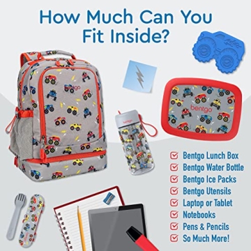 Bentgo Kids 2-in-1 Backpack & Insulated Lunch Bag - Durable 16” Backpack & Lunch Container in Unique Prints for School & Travel - Water Resistant, Padded & Large Compartments (Trucks)