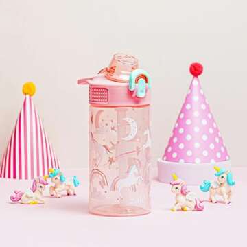 Zak Designs Sage Water Bottle For School or Travel, 16oz Durable Plastic Water Bottle With Straw, Handle, and Leak-Proof, Pop-Up Spout Cover (Fanciful Unicorn)