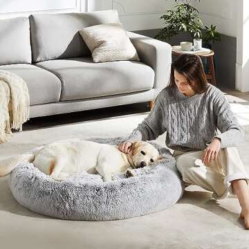 Calming Dog Bed & Cat Bed, Anti-Anxiety Donut Cuddler Bed, Warming Cozy Soft Dog Round Bed, Fluffy F...