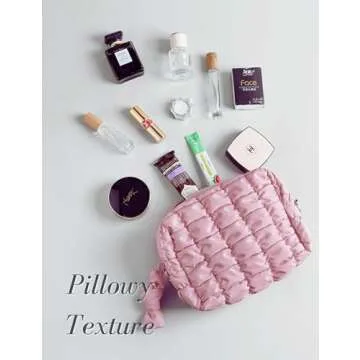 Yarnic Quilted Makeup Bag Cosmetic Bag, Travel Toiletry Bag for Women, Cute Makeup Bag Organizer Baby Pink Puffer Makeup Pouch (M, Pink)