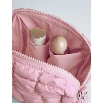 Yarnic Quilted Makeup Bag Cosmetic Bag, Travel Toiletry Bag for Women, Cute Makeup Bag Organizer Baby Pink Puffer Makeup Pouch (M, Pink)