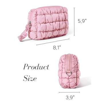 Yarnic Quilted Makeup Bag Cosmetic Bag, Travel Toiletry Bag for Women, Cute Makeup Bag Organizer Baby Pink Puffer Makeup Pouch (M, Pink)