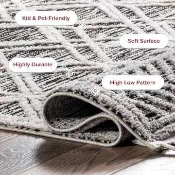 nuLOOM 5x8 Ansley Moroccan Tassel Area Rug, Grey, High-Low Textured Bohemian Design, Plush High Pile, Stain Resistant, For Bedroom, Living Room, Hallway, Entryway