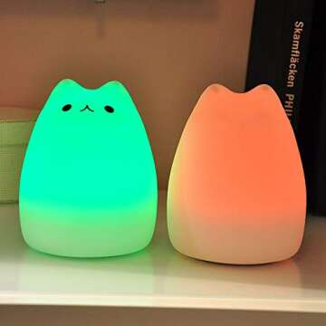 SCOPOW Night Lights for Kids Room Squishy Cat Lamp for Desk Decor, Kawaii Anime Silicon Light Up for Toddler Baby Girls, Cute Cat Themed Gifts for Cat Lovers
