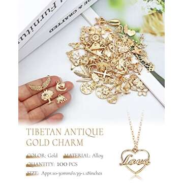 YETOOME 100 Pcs Wholesale Bulk Lots Jewelry Making Charms, Mixed Golden KC Gold Alloy Charms Pendants for Necklace Bracelet Jewelry Making and Crafting supplies