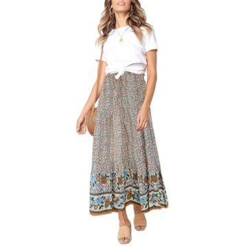 MEROKEETY Women's Boho Floral Print Elastic High Waist Pleated A Line Maxi Skirt, L Cream