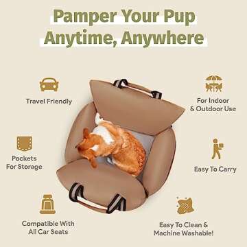 Sabachki Dog Bed Car Seat | Waterproof Dog Booster Seat for Car | Easy to Carry Dog Bed with Handles for Small and Medium Dogs Up to 30 Lbs | Pet Dogs Carrier Travel Bed with Storage Pockets (Mocha)