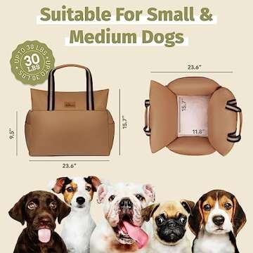 Sabachki Dog Bed Car Seat | Waterproof Dog Booster Seat for Car | Easy to Carry Dog Bed with Handles for Small and Medium Dogs Up to 30 Lbs | Pet Dogs Carrier Travel Bed with Storage Pockets (Mocha)