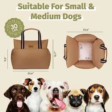 Sabachki Dog Bed Car Seat | Waterproof Dog Booster Seat for Car | Easy to Carry Dog Bed with Handles for Small and Medium Dogs Up to 30 Lbs | Pet Dogs Carrier Travel Bed with Storage Pockets (Mocha)