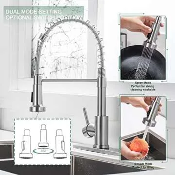 WEWE Kitchen Faucets, Brushed Nickel Kitchen Faucet with Pull Down Sprayer, Industrial Spring Single Handle Stainless Steel Kitchen Sink Faucet with Deck Plate, 1 Hole or 3 Hole for Laundry Rv