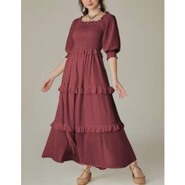 Women Off Shoulder Summer Dress Short Sleeve Tiered Flowy Long Dress with Pockets Brick Red M