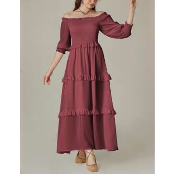 Women Off Shoulder Summer Dress Short Sleeve Tiered Flowy Long Dress with Pockets Brick Red M