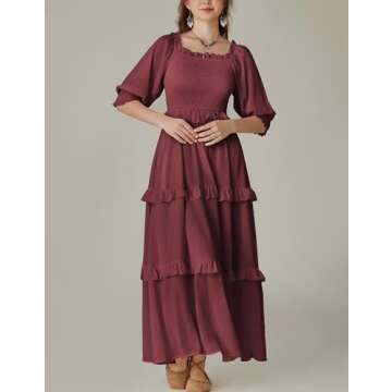 Women Off Shoulder Summer Dress Short Sleeve Tiered Flowy Long Dress with Pockets Brick Red M