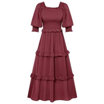 Women Off Shoulder Summer Dress Short Sleeve Tiered Flowy Long Dress with Pockets Brick Red M