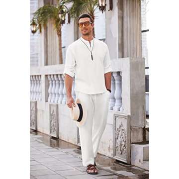 COOFANDY Men's 2 Pieces Cotton Linen Set Long Sleeve Henley Shirts Casual Beach Pants With Pockets Summer Yoga Outfits