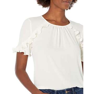 Lark & Ro Women's Georgette Half Sleeve Crew Neck Blouse with Ruffle Details