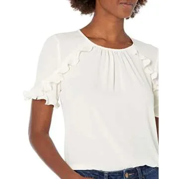Lark & Ro Women's Georgette Half Sleeve Crew Neck Blouse with Ruffle Details
