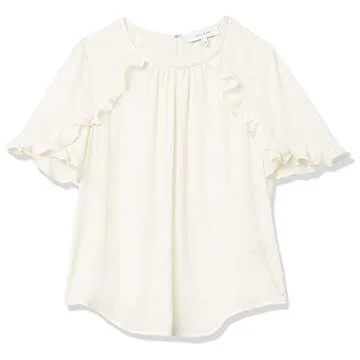 Lark & Ro Women's Georgette Half Sleeve Crew Neck Blouse with Ruffle Details