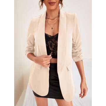 Happy Sailed Blazer Jackets for Women Spring Fall Fashion Ruched Sleeve Open Front Cardigan Jackets Formal Elegant Business Office Work Outfits with Pockets Oatmeal Small