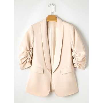 Happy Sailed Blazer Jackets for Women Spring Fall Fashion Ruched Sleeve Open Front Cardigan Jackets Formal Elegant Business Office Work Outfits with Pockets Oatmeal Small