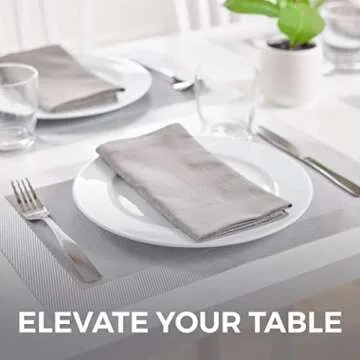 Home Genie Heat Resistant Placemats, Dining Room Table Mats, Protect Surfaces, Woven Placemat Setting for Dinner, Washable Vinyl Food Grade Mat, Kitchen Decor Accessories, Set of 4, Size 18x12, Silver