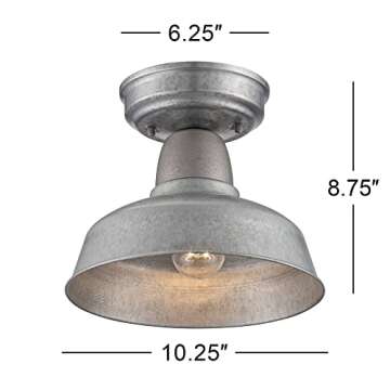 John Timberland Urban Barn Rustic Industrial Farmhouse Semi Flush-Mount Outdoor Ceiling Light Fixture Galvanized 10 1/4" for Exterior Deck House Porch Patio Outside Garage Front Door Garden