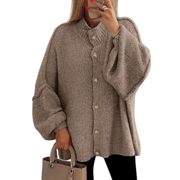 PRETTYGARDEN Women's Winter Button Down Cardigan Sweaters Mock Neck Lantern Long Sleeve Chunky Knit ...