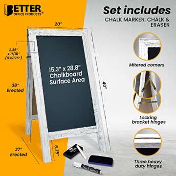 Better Office Products Magnetic A-Frame Chalkboard Sign, Extra Large 20" x 40", Standing Chalkboard Easel, with Chalk Marker + Chalk & Eraser, Sandwich Board Outdoor Sidewalk Sign,(Whitewash)
