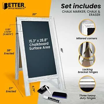 Better Office Products Magnetic A-Frame Chalkboard Sign, Extra Large 20" x 40", Standing Chalkboard Easel, with Chalk Marker + Chalk & Eraser, Sandwich Board Outdoor Sidewalk Sign,(Whitewash)