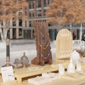 Lolalet Wooden Jewelry Display Series, Necklace Bracelets Earrings Rings Jewelries Stand Freestanding Natural Wood Holder Jewelry Rack for Selling Vendor Store -1 Pack, Necklace