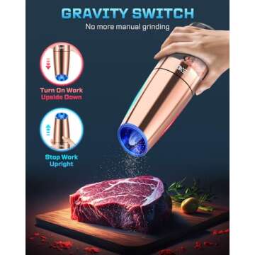 XinXu Gravity Automatic Electric Pepper and Salt Grinder, Auto Salt or Pepper Mill Shaker Stainless Steel,Adjustable Coarseness,Blue LED Light,One Hand Operated, Copper