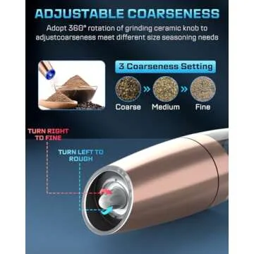 XinXu Gravity Automatic Electric Pepper and Salt Grinder, Auto Salt or Pepper Mill Shaker Stainless Steel,Adjustable Coarseness,Blue LED Light,One Hand Operated, Copper