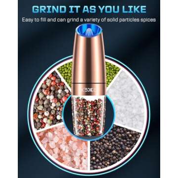XinXu Gravity Automatic Electric Pepper and Salt Grinder, Auto Salt or Pepper Mill Shaker Stainless Steel,Adjustable Coarseness,Blue LED Light,One Hand Operated, Copper