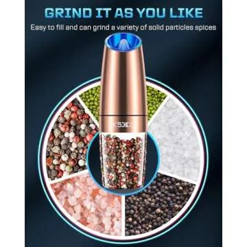 XinXu Gravity Automatic Electric Pepper and Salt Grinder, Auto Salt or Pepper Mill Shaker Stainless Steel,Adjustable Coarseness,Blue LED Light,One Hand Operated, Copper