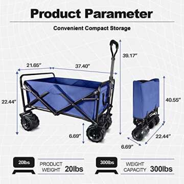 Patio Watcher Collapsible Utility Wagon Cart | All Terrain Big Wheels for Outdoor Garden, Beach, Camping, Groceries, Sports | Large Capacity | Heavy Duty | Blue