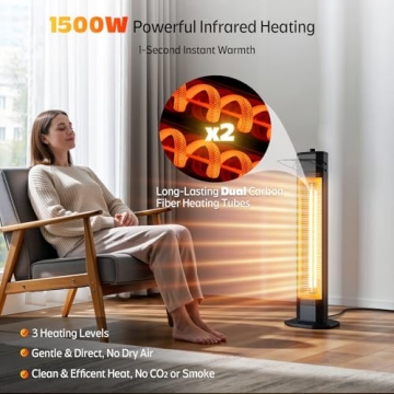 Outdoor Electric Patio Heater, 34-inch 1500W Infrared Tower Heater with Instant Heating, Tip-Over & ...