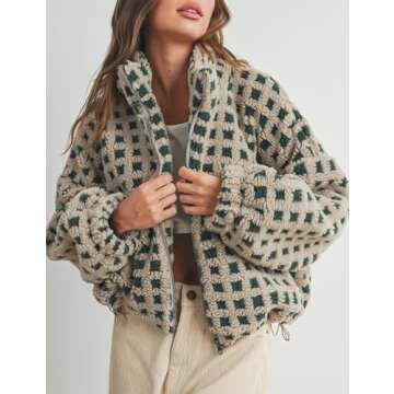 Esmeling Women’s Long Sleeve Cropped Sherpa Fleece Plaid Jacket Casual Chunky Teddy Fleece Outerwe...