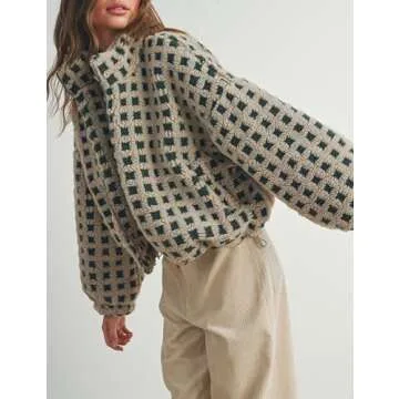 Esmeling Women’s Long Sleeve Cropped Sherpa Fleece Plaid Jacket Casual Chunky Teddy Fleece Outerwear (1024-Green-S)