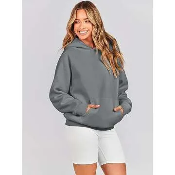 Caracilia Womens Oversized Hoodies Sweatshirts Pullover Fleece Long Sleeve Tops with Pockets 2024 Fall Trendy Preppy Clothes Gray L