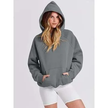 Caracilia Womens Oversized Hoodies Sweatshirts Pullover Fleece Long Sleeve Tops with Pockets 2024 Fall Trendy Preppy Clothes Gray L